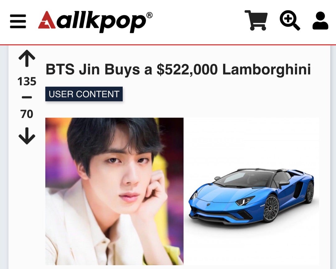 BTS(防弾少年団)ジンの愛車がすごい！ポルシェやランボルギーニなど気になるお値段は？