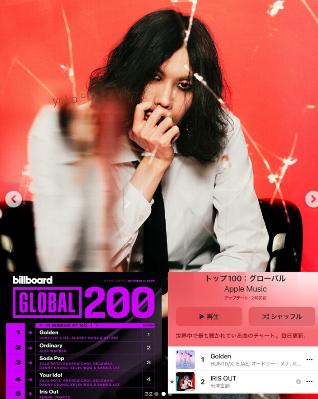 米津玄師の「IRIS OUT」がビルボードのグローバル・ジャパン・ソングスV14達成！