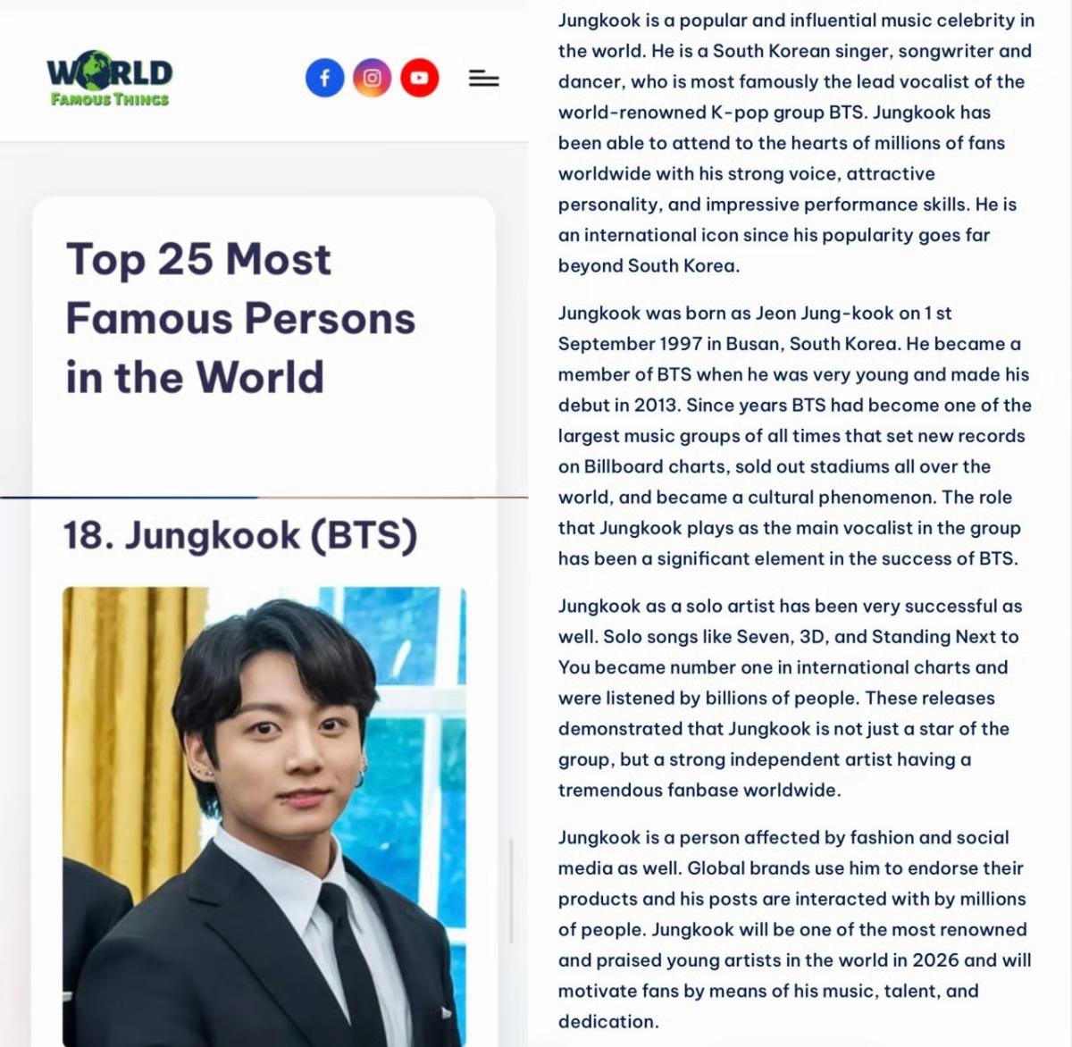 BTS(防弾少年団)のジョングクが「世界で最も有名な25人」に選出！ファンの反応は？